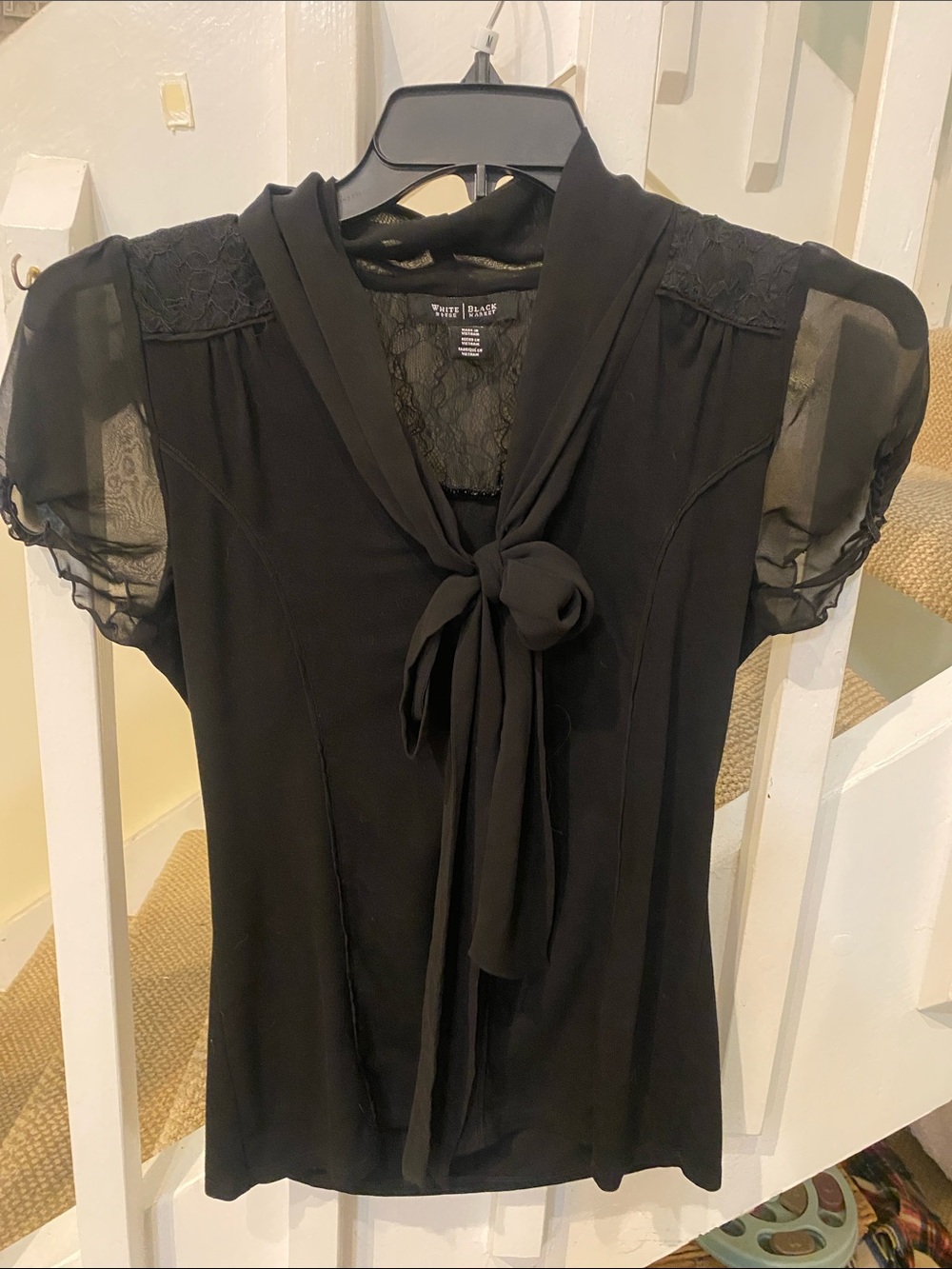 White House Black Market Black , sheer sleeve,  Tie-Front Blouse S